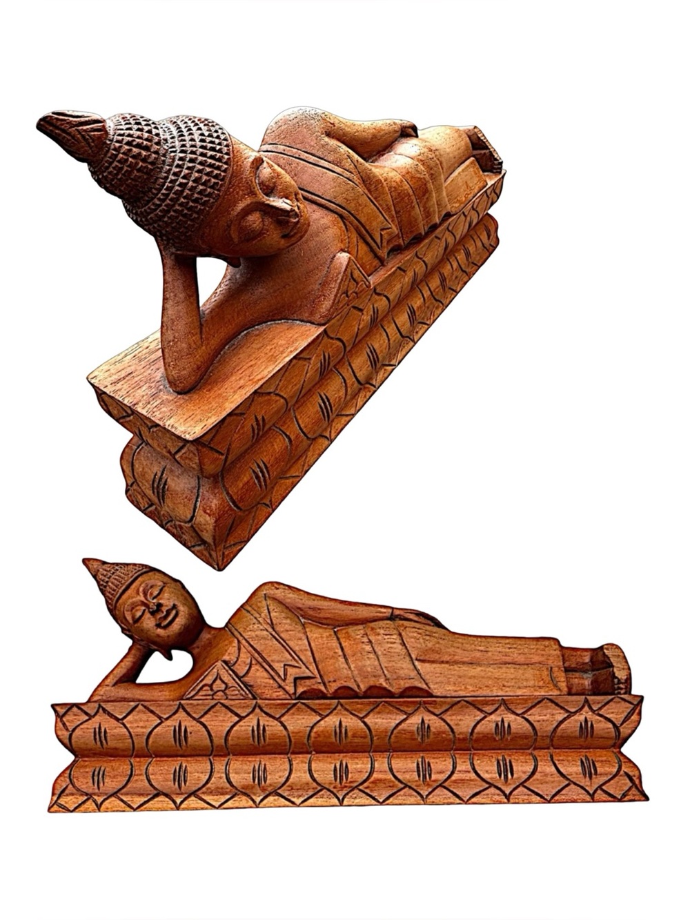 Wooden Sleeping Buddha Statue 11” Wood Carving Asian Meditation Decor